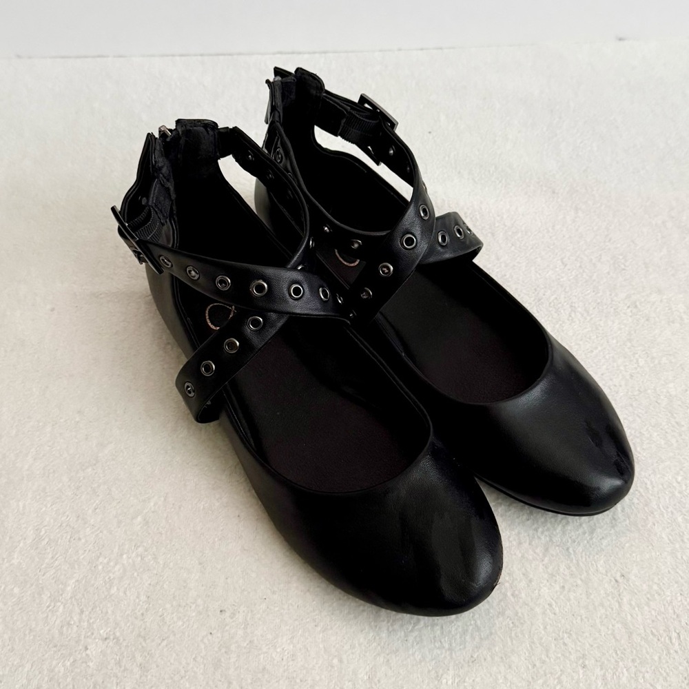 Jessica Simpson Black Ballet Flats Grommet Ankle Straps Size 10 - Picture 4 of 9